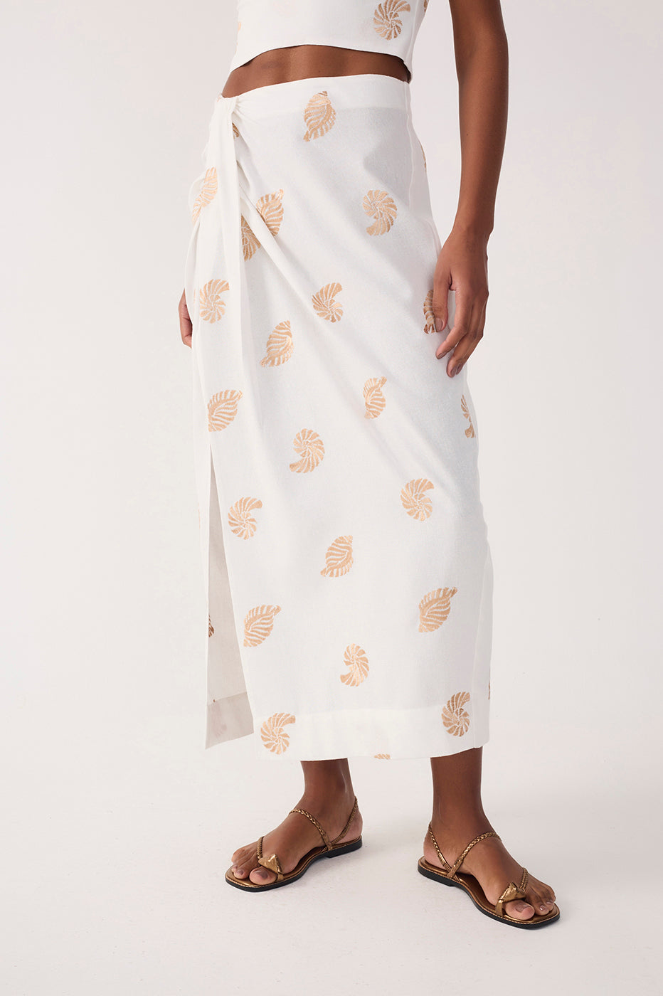 OFF-WHITE SHELL EMBROIDERED DRAPED LINEN MAXI SKIRT
