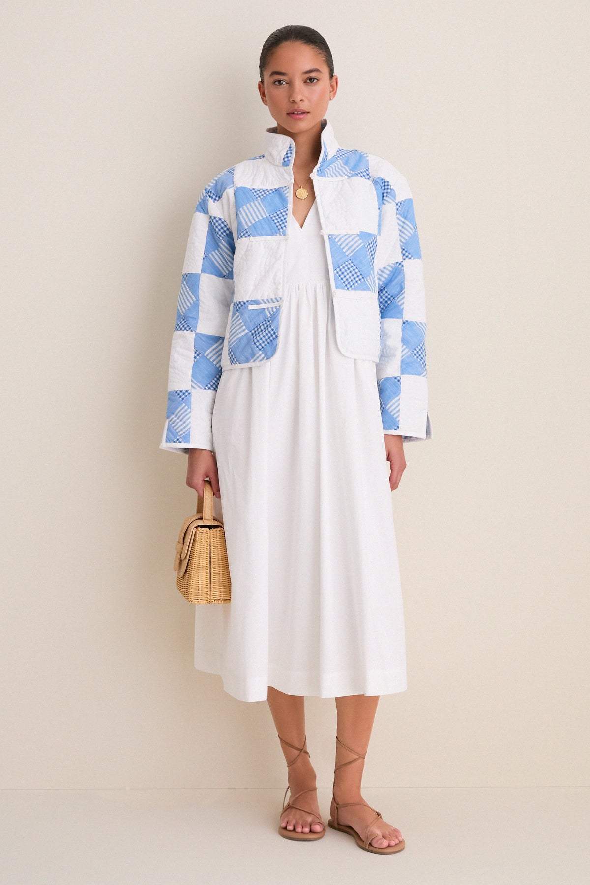 Blue and White Quilted Cropped Townley Jacket