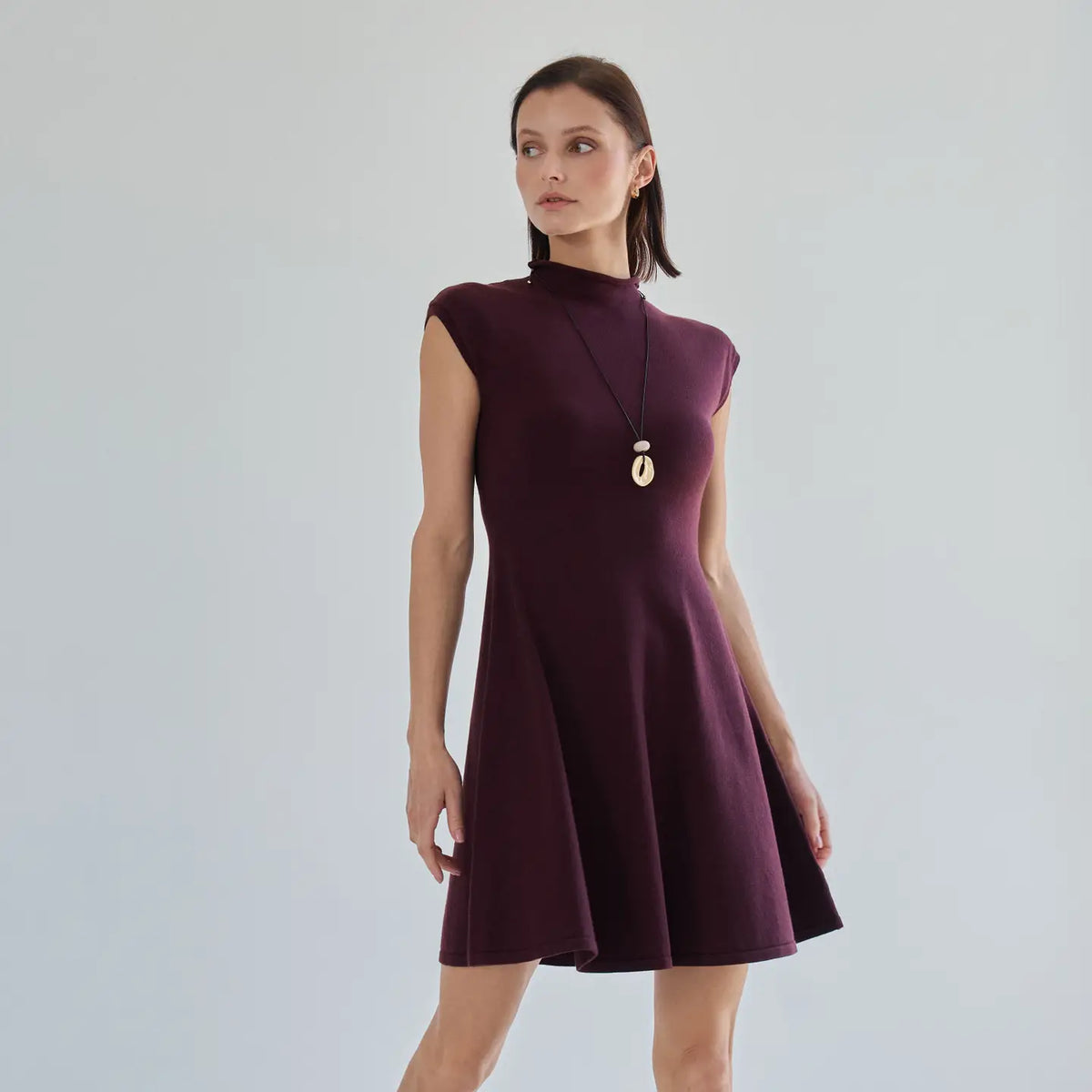MOCK NECK FIT & FLARE MINI SWEATER DRESS