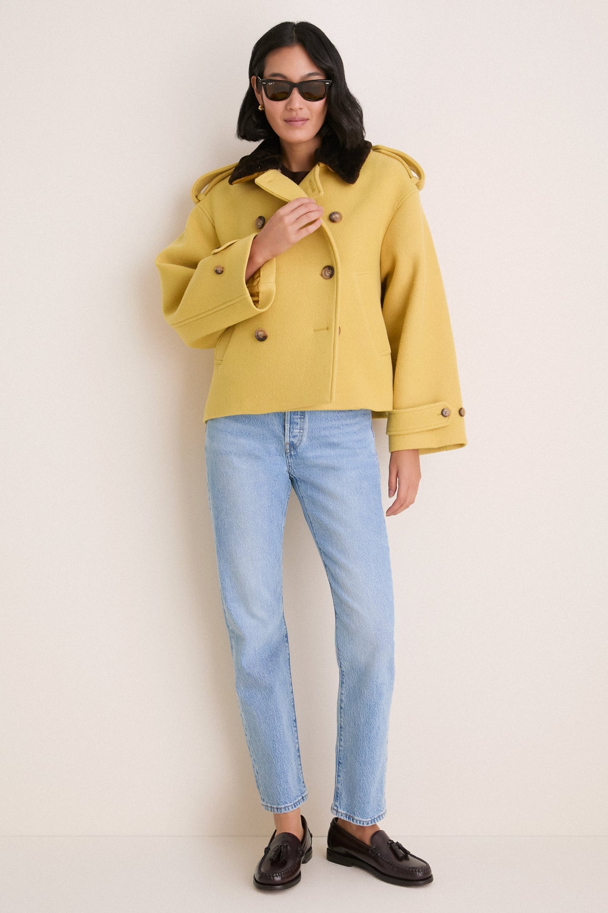 Yellow Woven Fur Collared Jacket