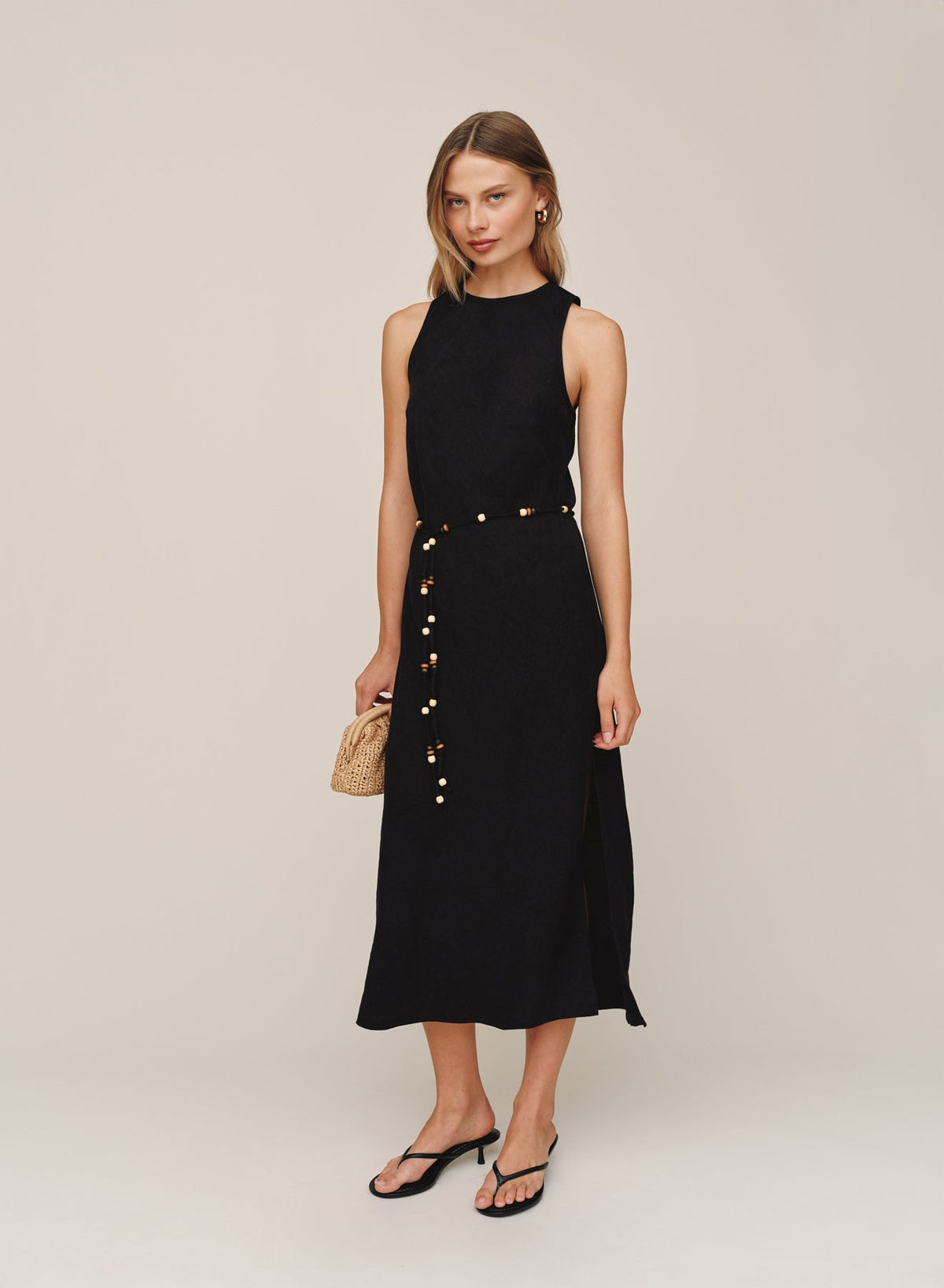 BIAS MIDI DRESS WITH BEADED BELT