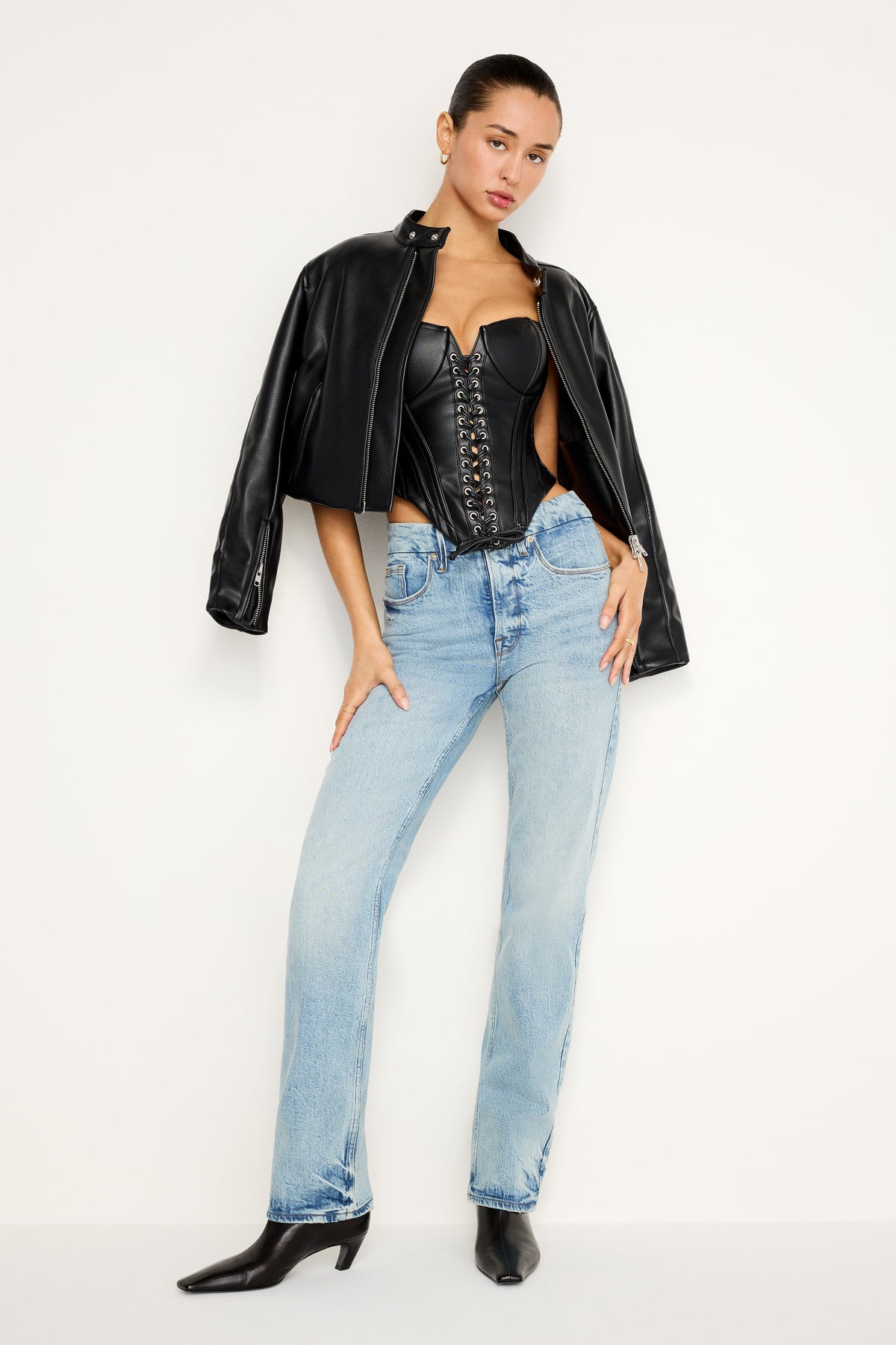 FAUX LEATHER LACE UP BUSTIER | BLACK001