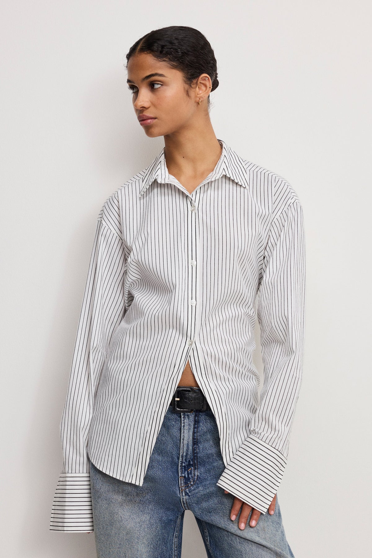 POPLIN TIE BACK SHIRT | BCW PINSTRIPE001