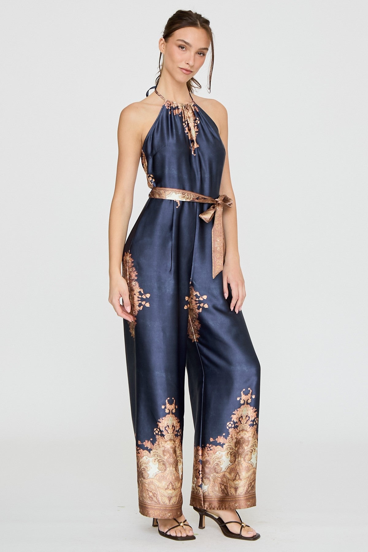 BAROQUE PRINT HALTER WIDE LEG JUMPSUIT