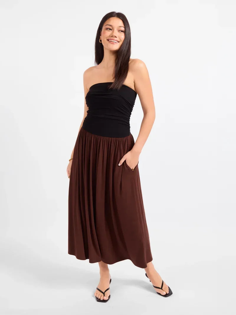 HOT COFFEE STRAPLESS MIDI DRESS