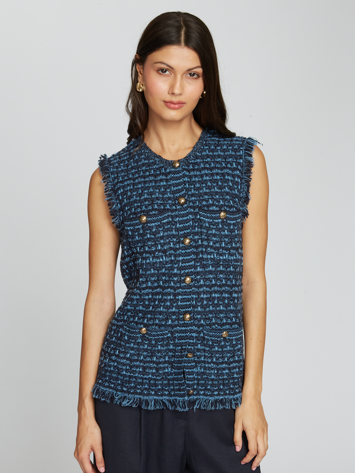 Long Tweed Vest W/ Fringe in Navy Blue Combo