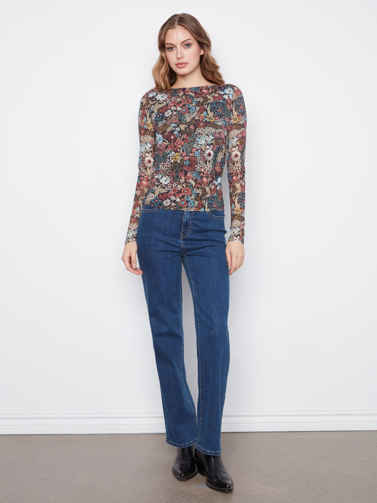 Printed Mesh Boat Neck Top - Azalea