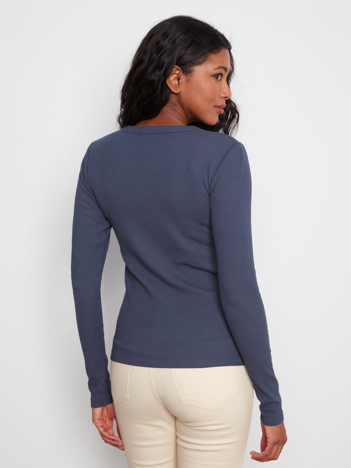 Cotton Blend Ribbed Long Sleeve Top - Midnight