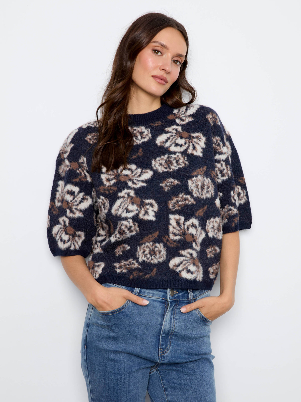 Balloon Elbow Sleeve Jacquard Knit Sweater - Victorian