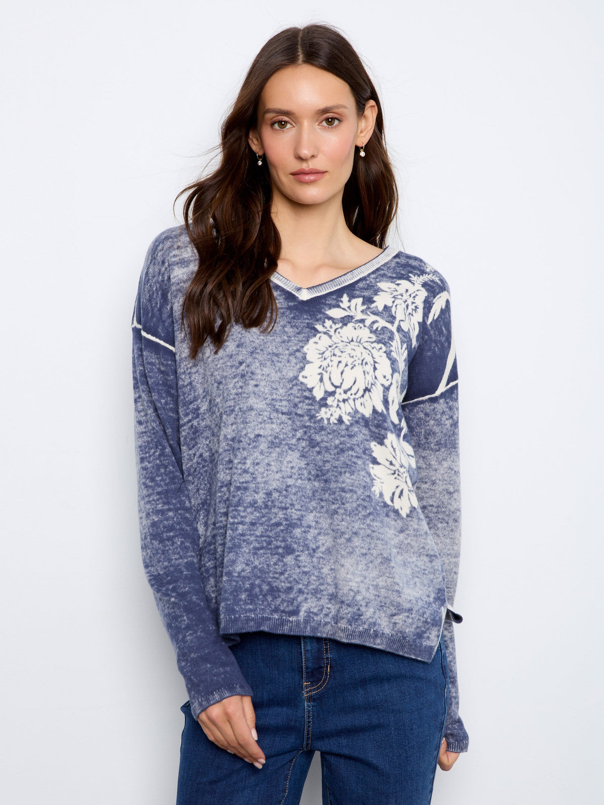 Reversible Floral V-Neck Sweater - Flowers