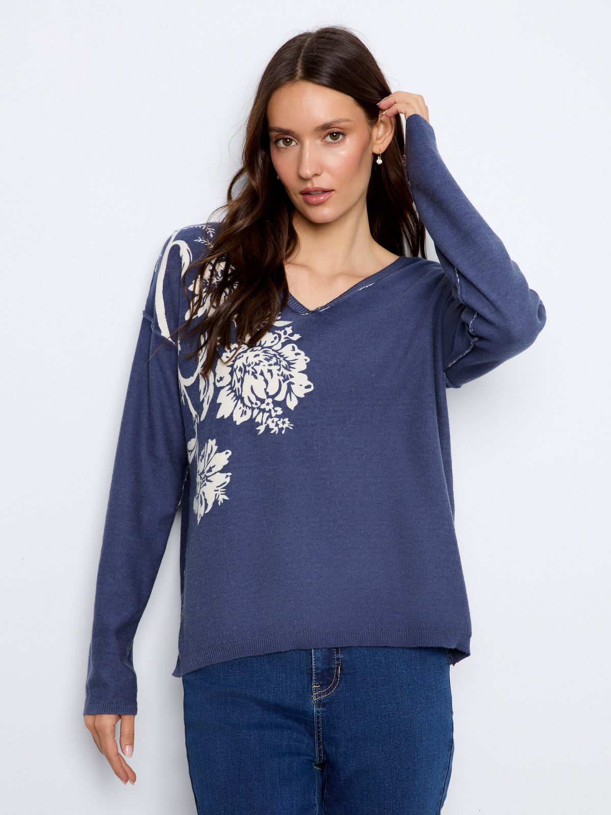 Reversible Floral V-Neck Sweater - Flowers