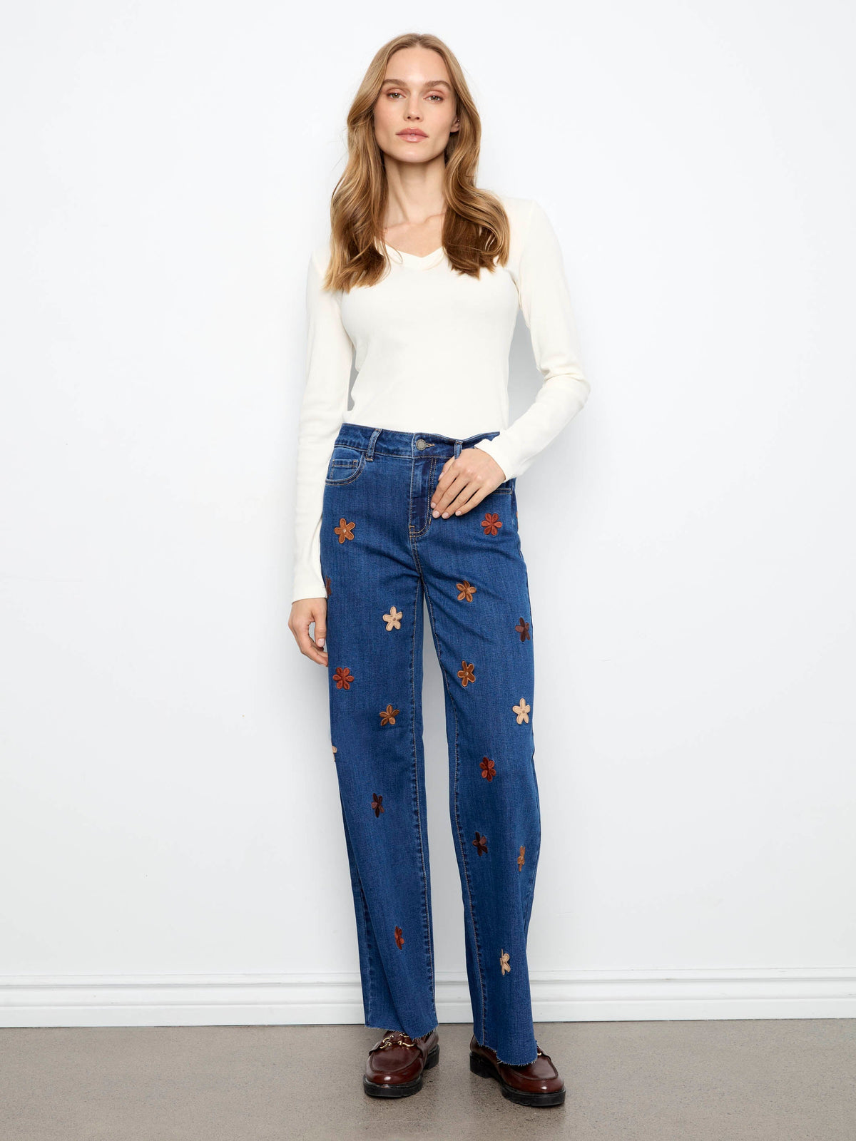 Wide Leg Jeans With Suede Flower Patches - Indigo