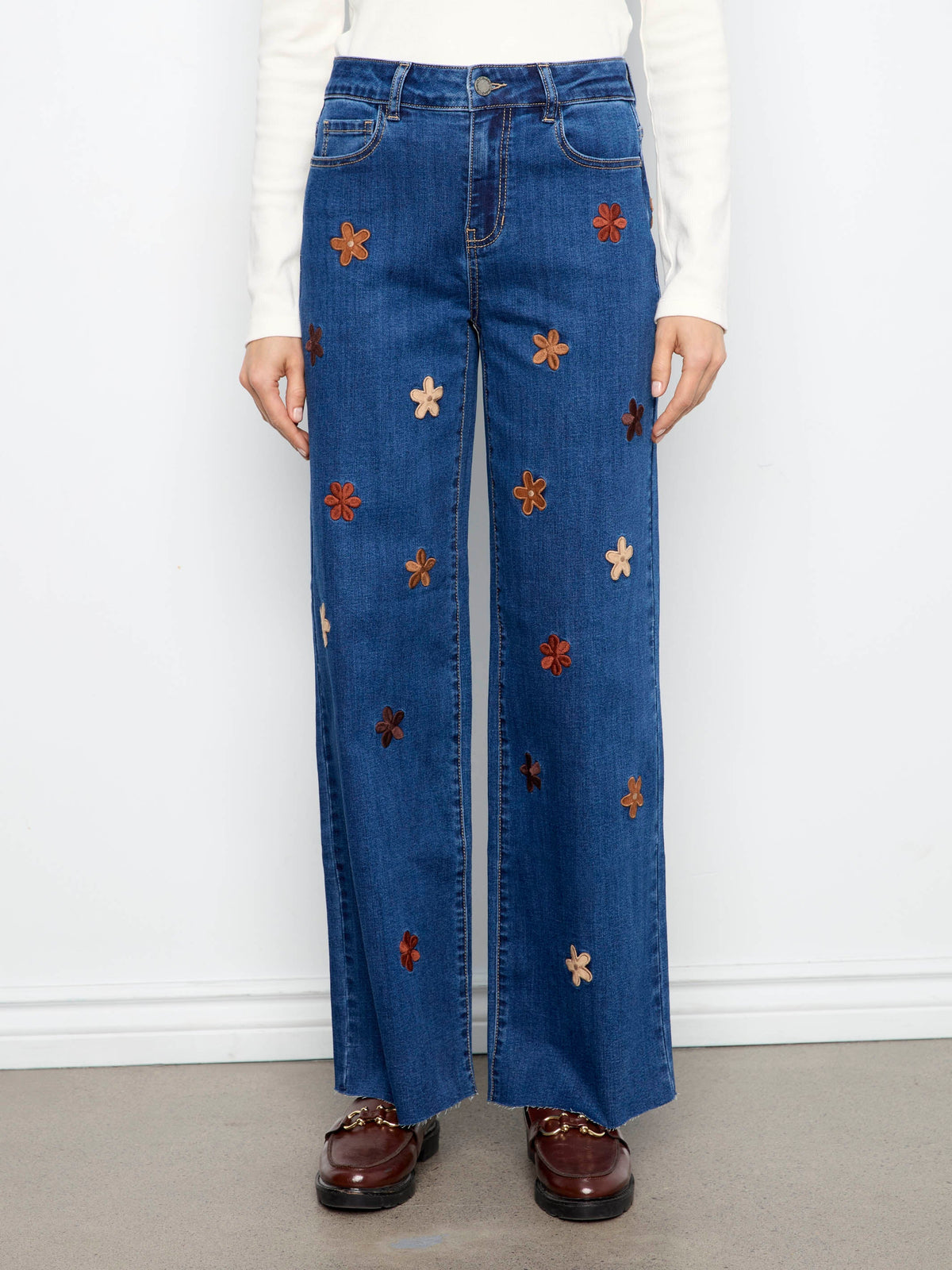 Wide Leg Jeans With Suede Flower Patches - Indigo