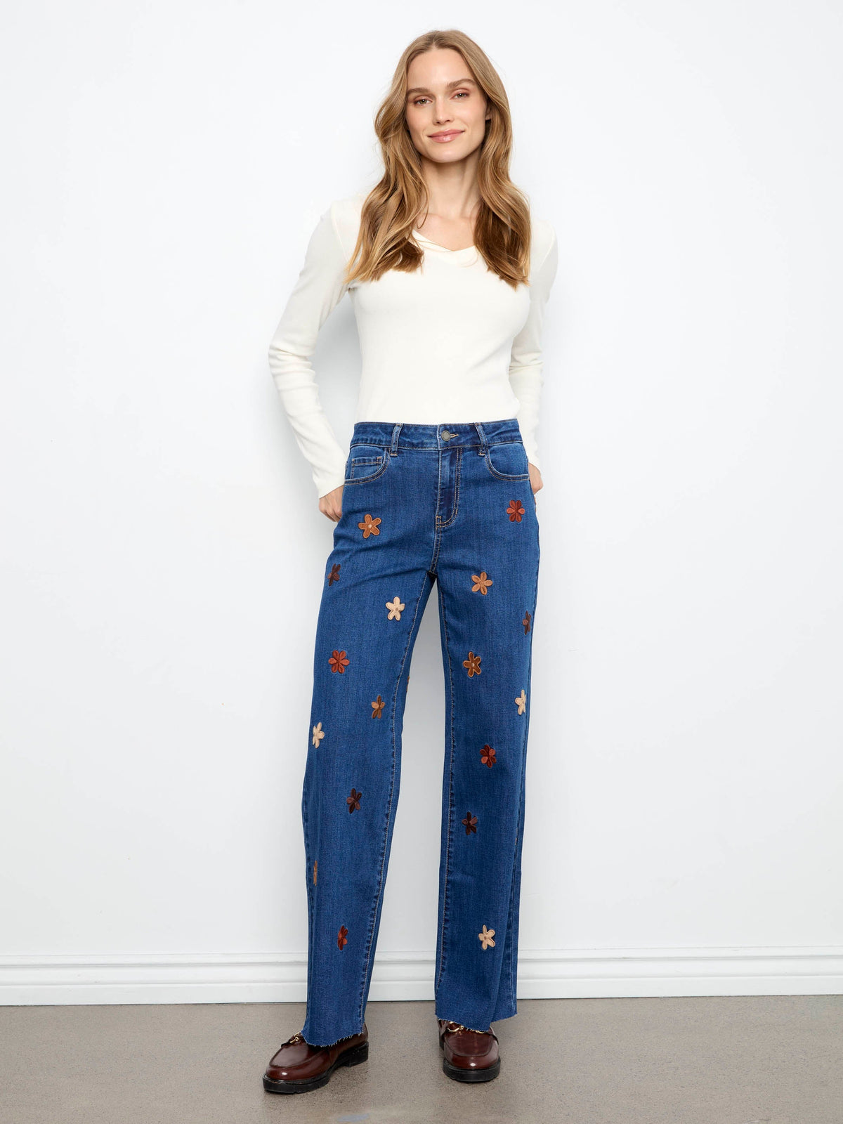 Wide Leg Jeans With Suede Flower Patches - Indigo