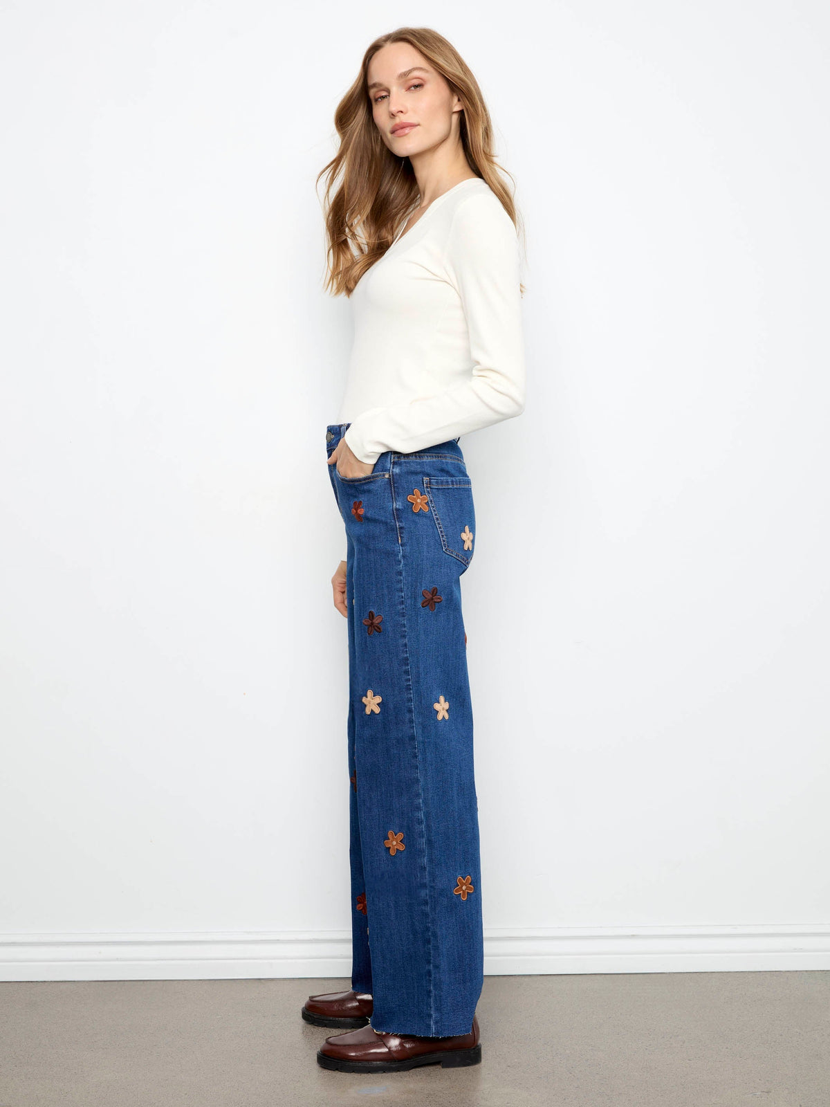 Wide Leg Jeans With Suede Flower Patches - Indigo