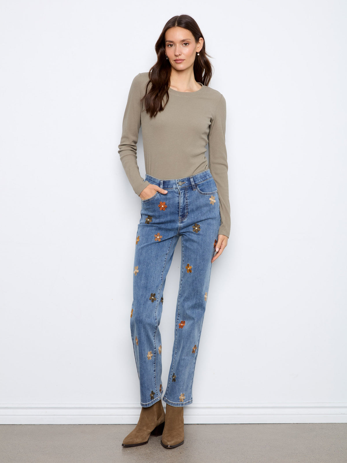 Straight Leg Jeans With Floral Embroidery - Medium Blue