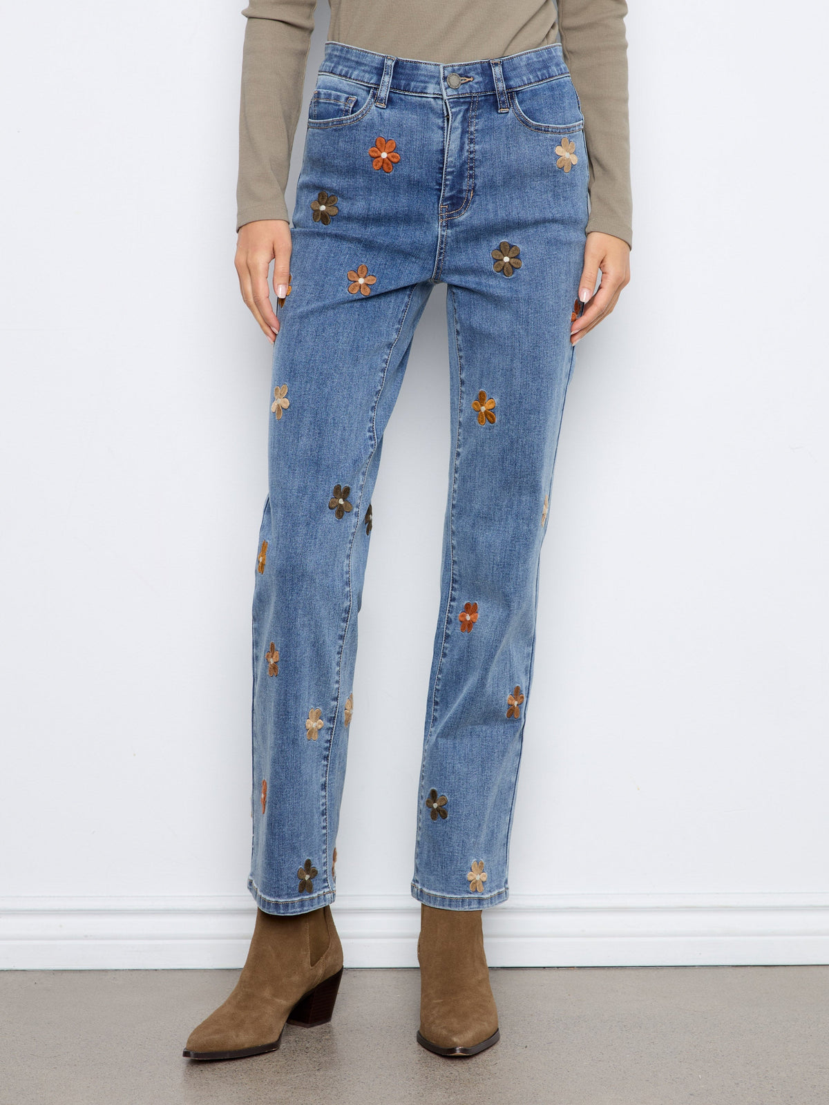Straight Leg Jeans With Floral Embroidery - Medium Blue