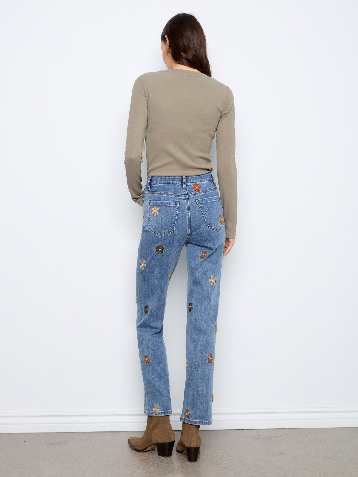 Straight Leg Jeans With Floral Embroidery - Medium Blue