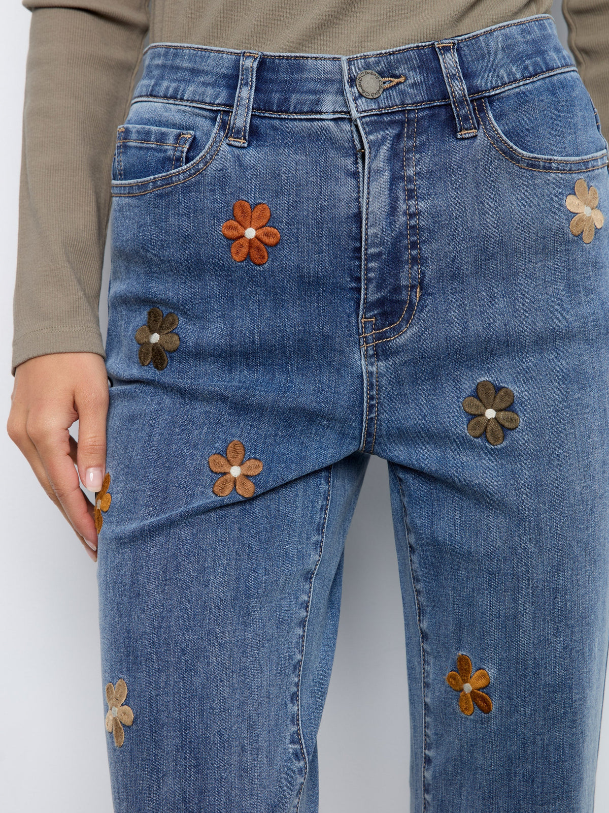Straight Leg Jeans With Floral Embroidery - Medium Blue