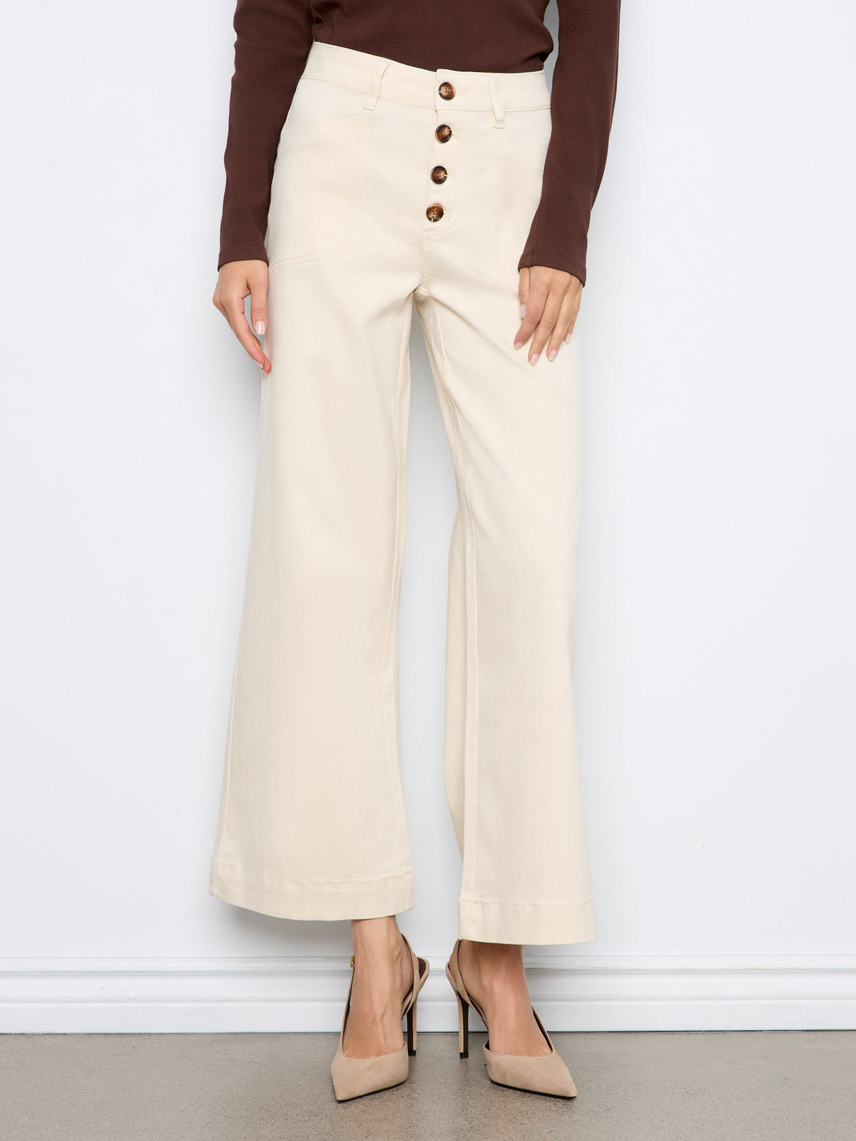 Wide Leg Button Front Flex Twill Pants With Patch Pockets - Natural