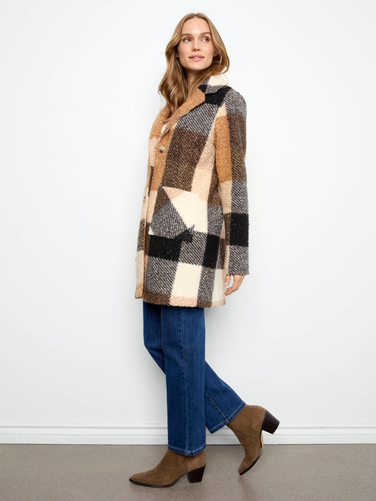 Plaid Bouclé Knit Coat - Taupe