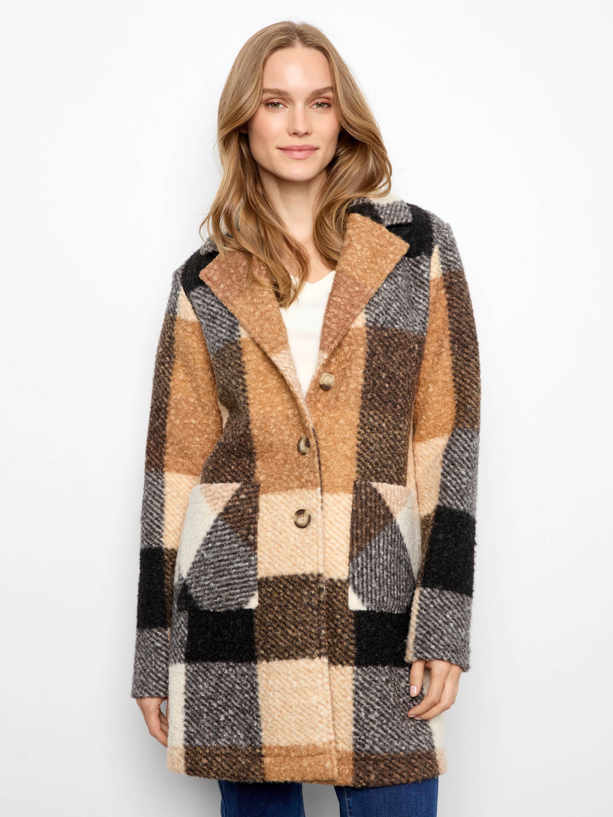 Plaid Bouclé Knit Coat - Taupe