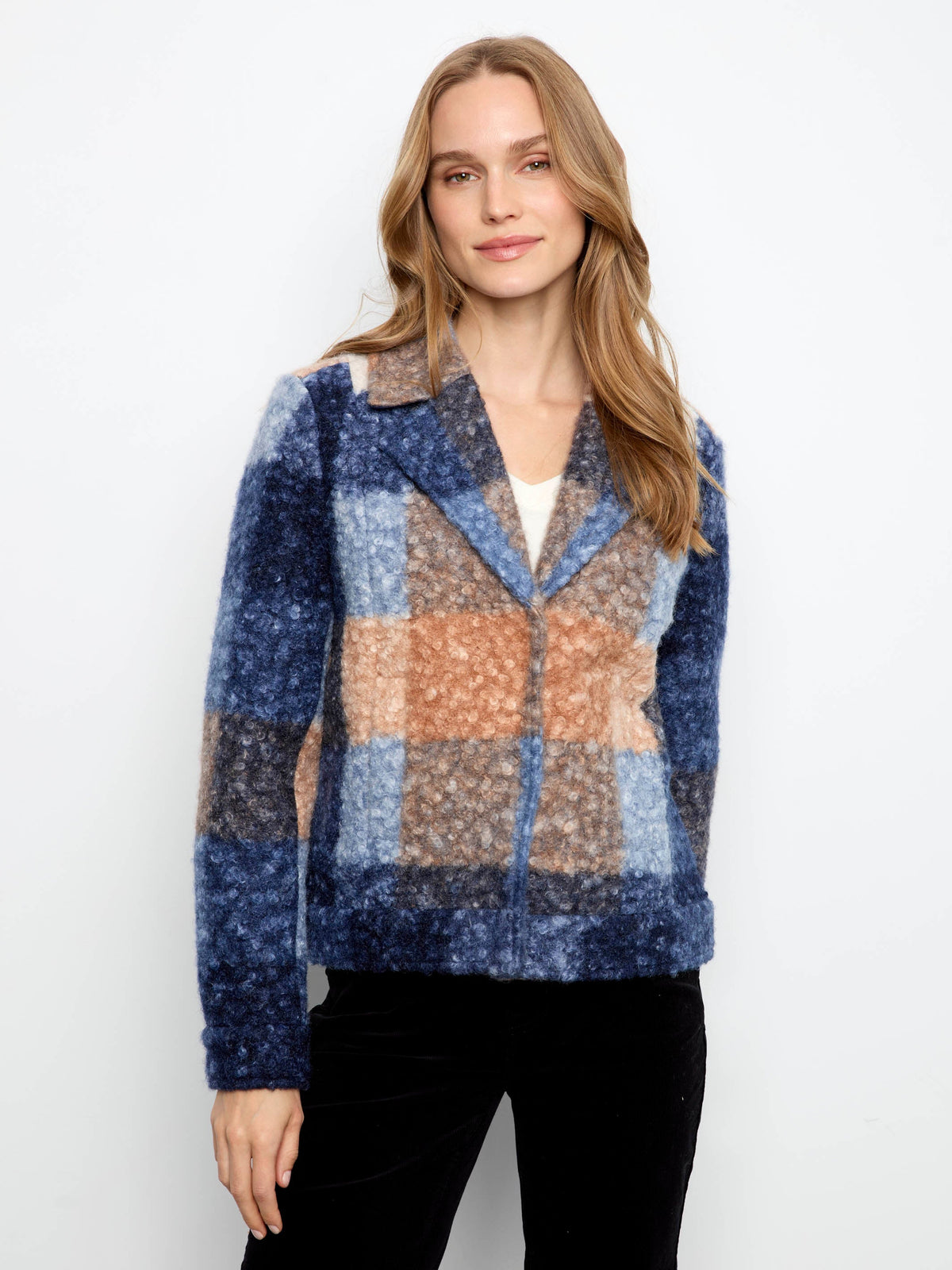 Plaid Bouclé Knit Short Coat - Moonlight