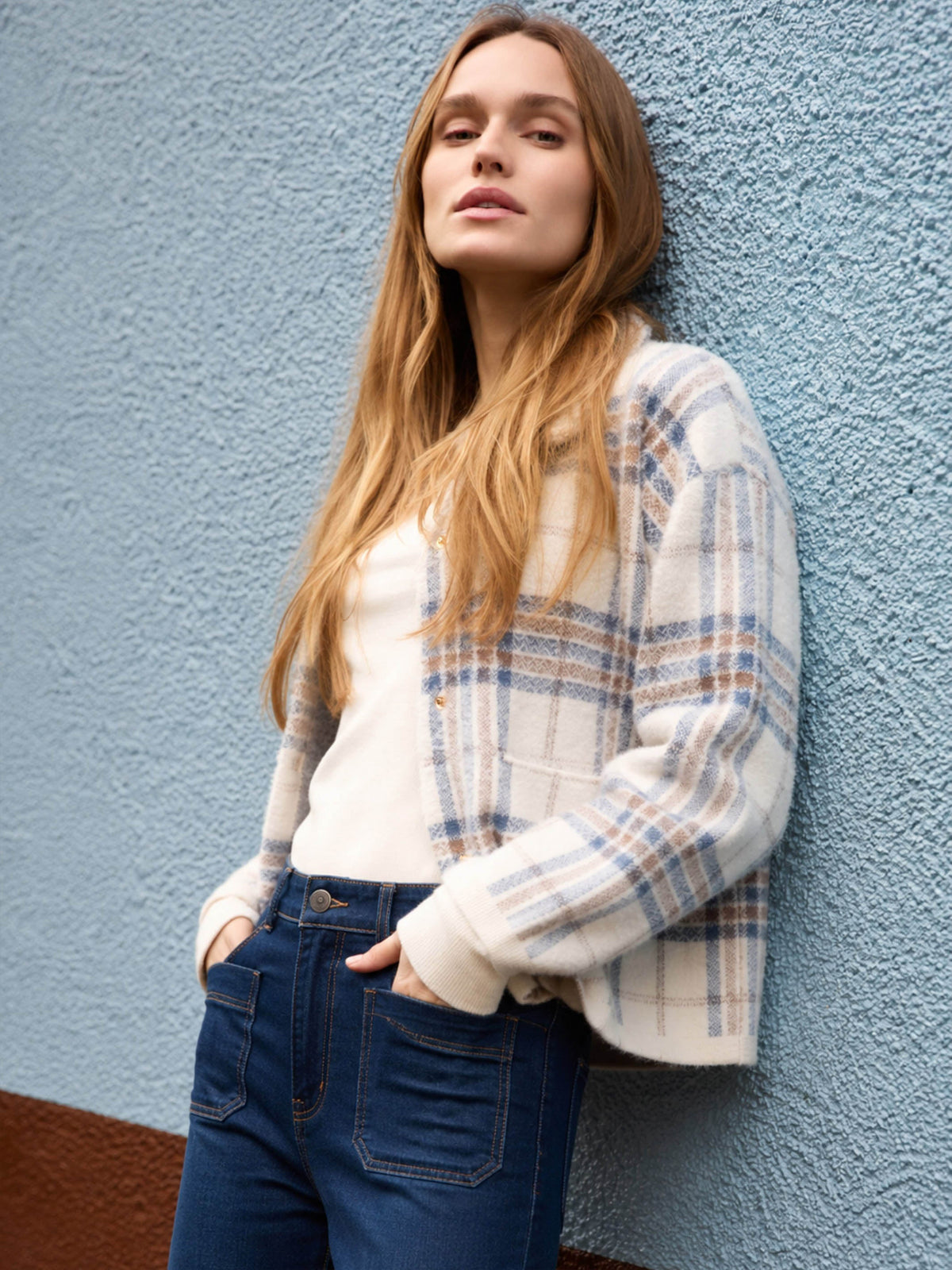 Short Plaid Knit Jacket - Ecru