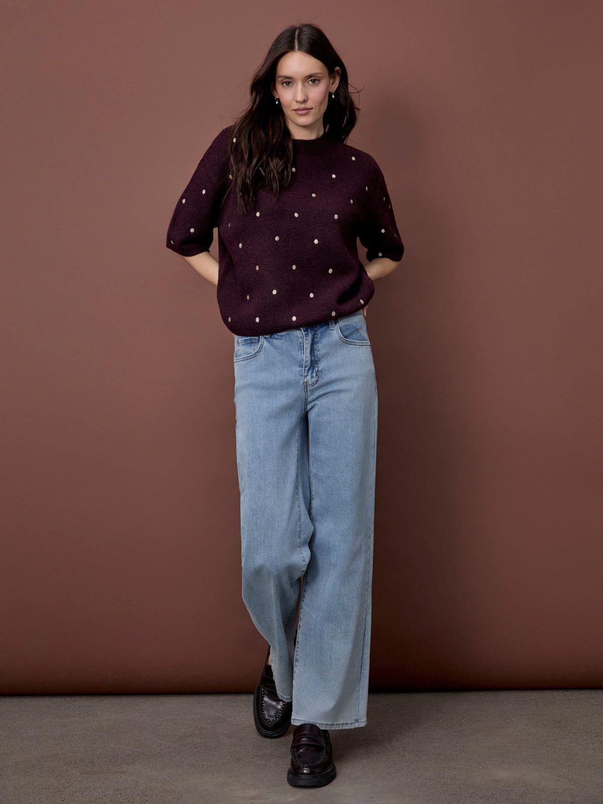 Embroidered Polka Dot Elbow Sleeve Knit Sweater - Heather Wine