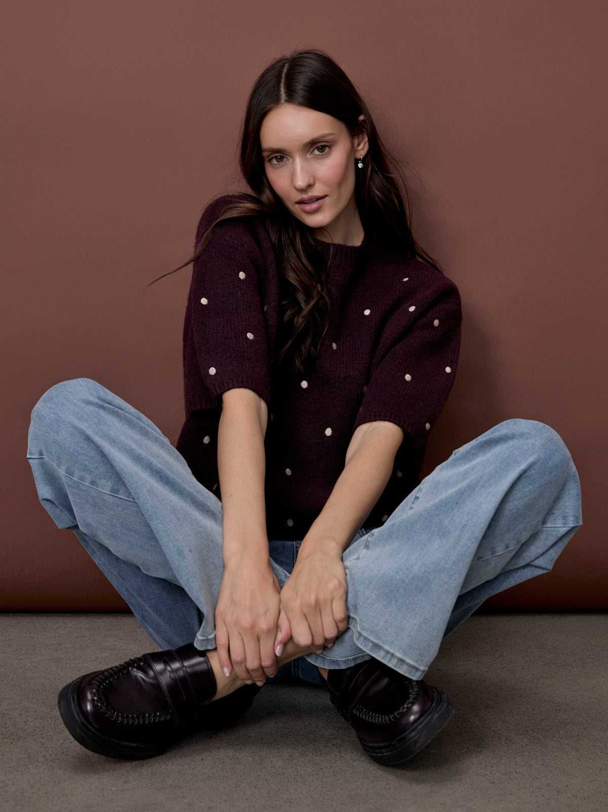 Embroidered Polka Dot Elbow Sleeve Knit Sweater - Heather Wine