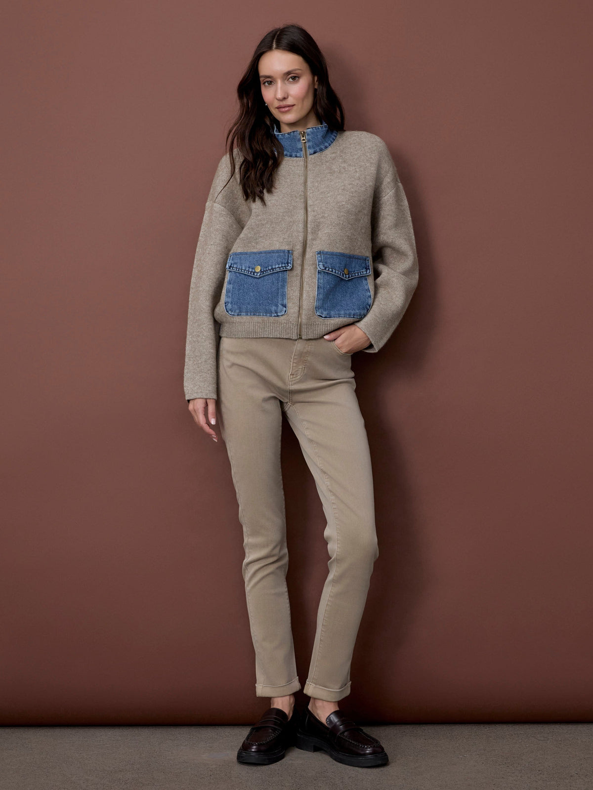 Cuffed Hem Twill Jeans - Latte
