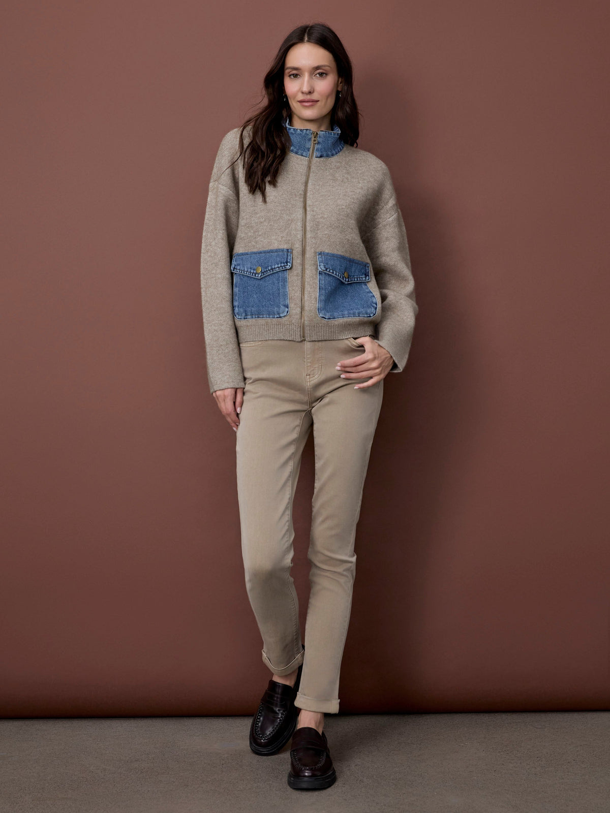 Cuffed Hem Twill Jeans - Latte