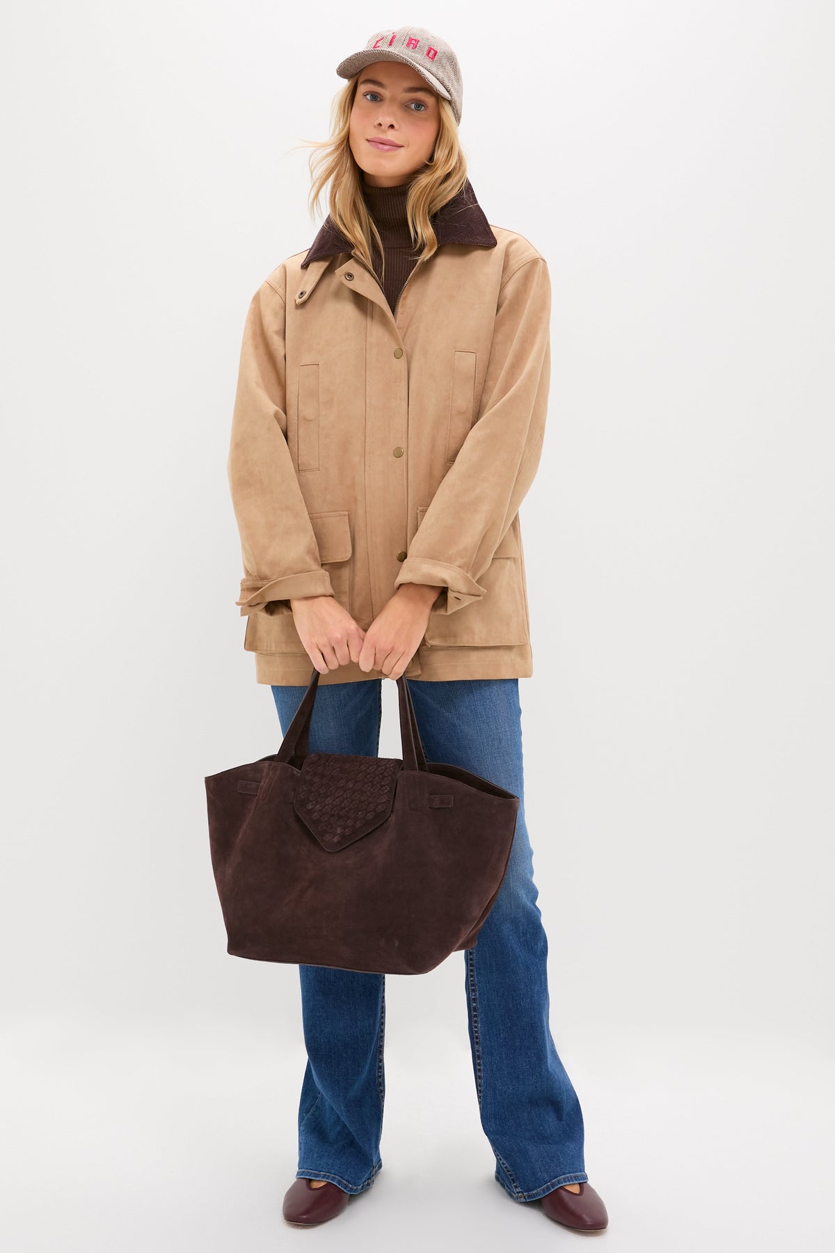 Taupe with Red Embroidered Ciao Wool Baseball Hat