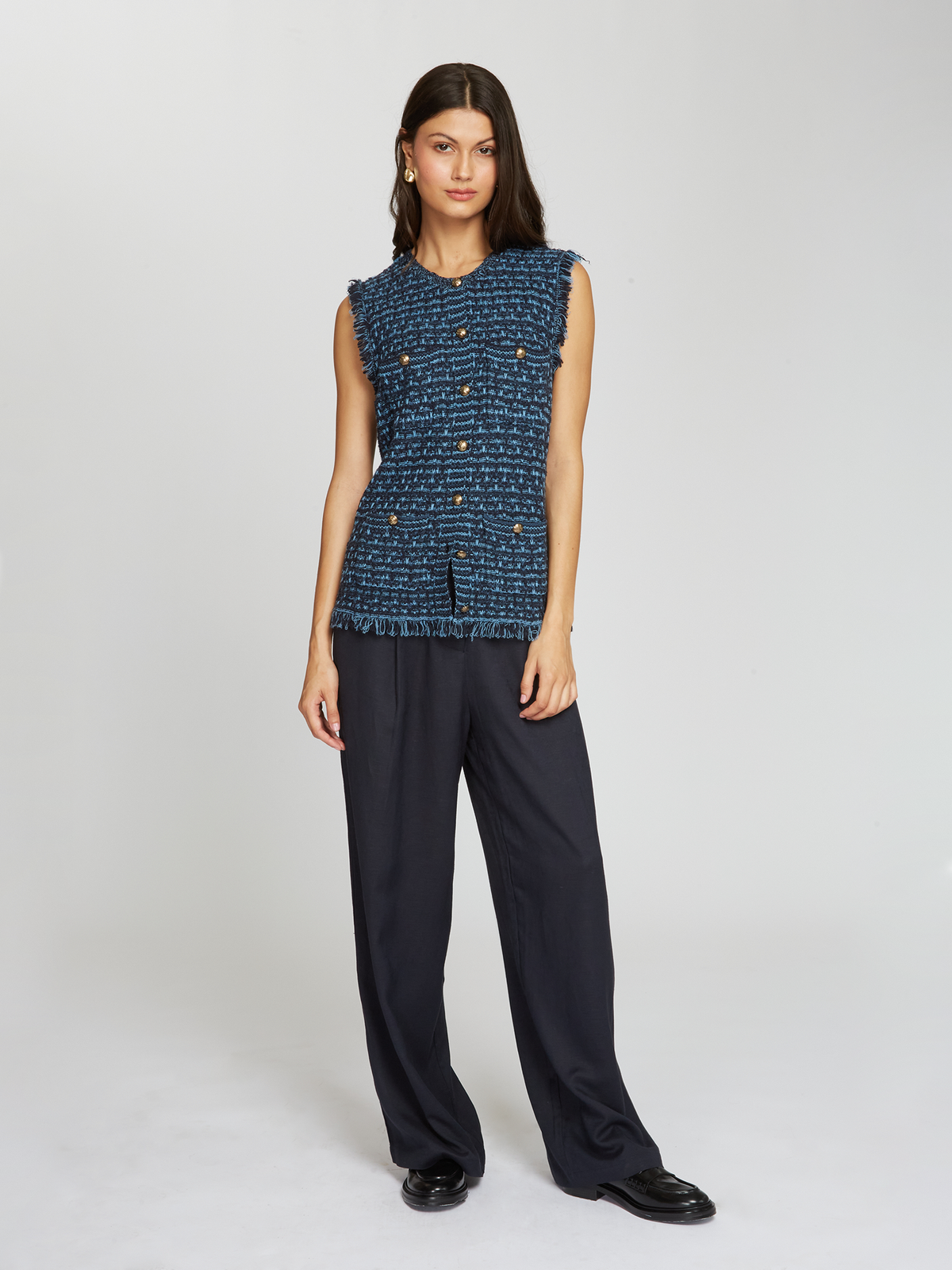 Long Tweed Vest W/ Fringe in Navy Blue Combo
