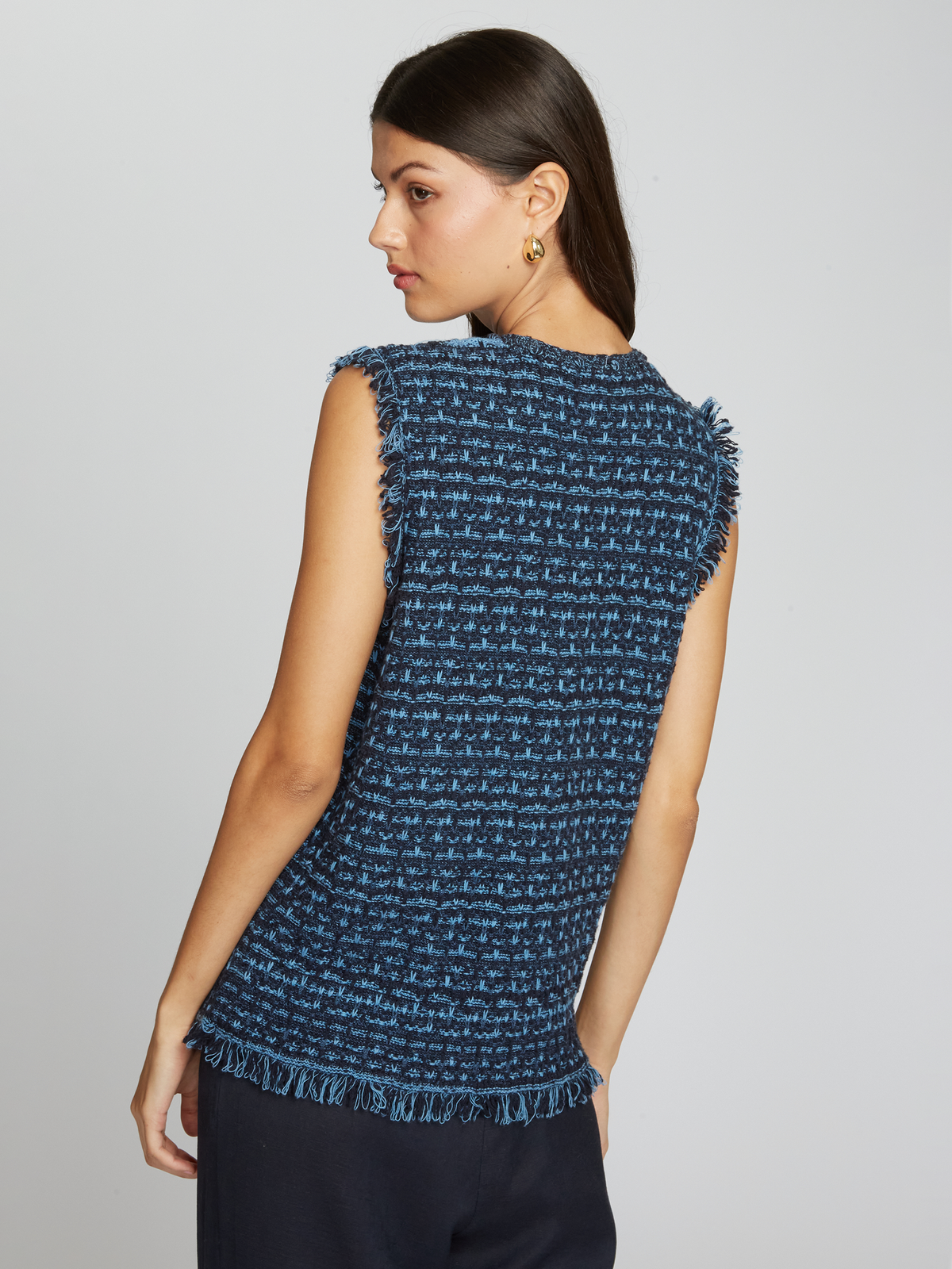 Long Tweed Vest W/ Fringe in Navy Blue Combo
