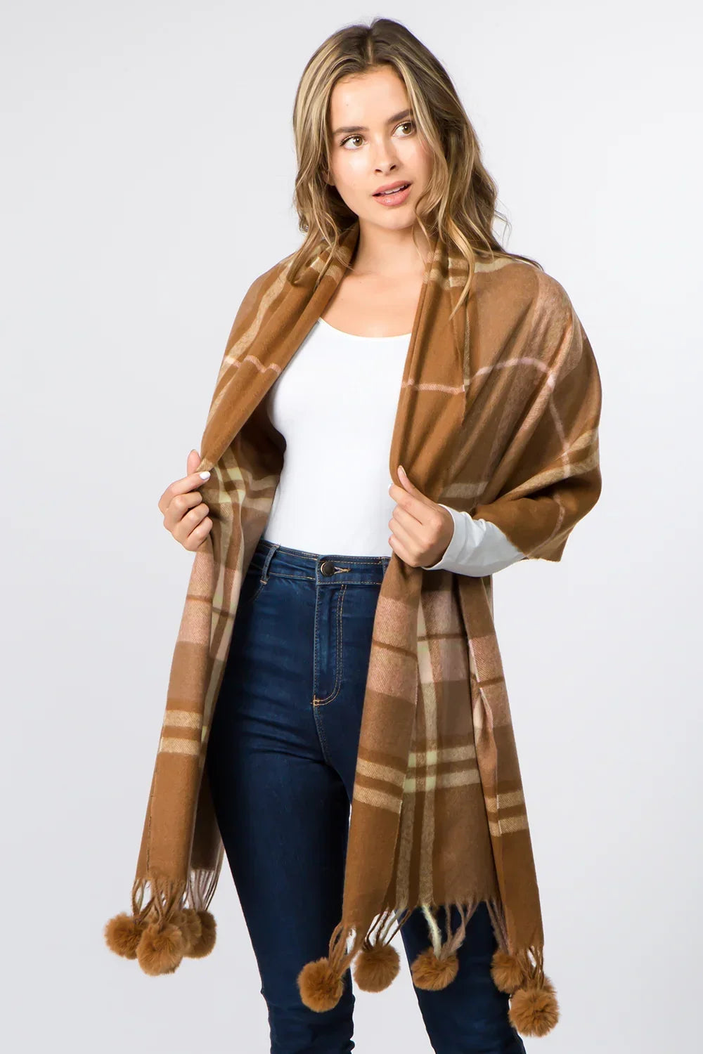 PLAID SCARF WITH FAUX FUR POM POM