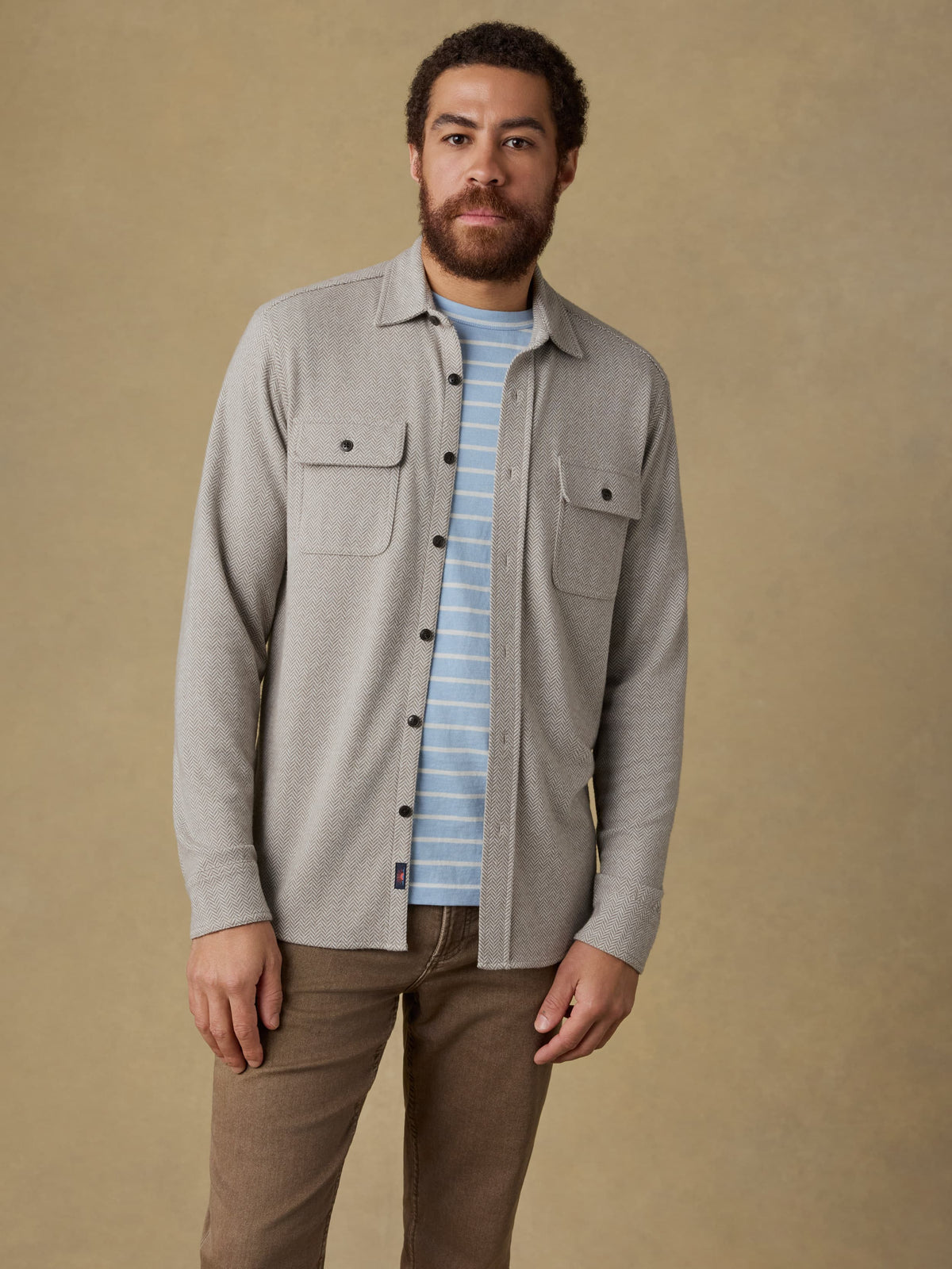 Legend Sweater Shirt - Khaki Cream Herringbone