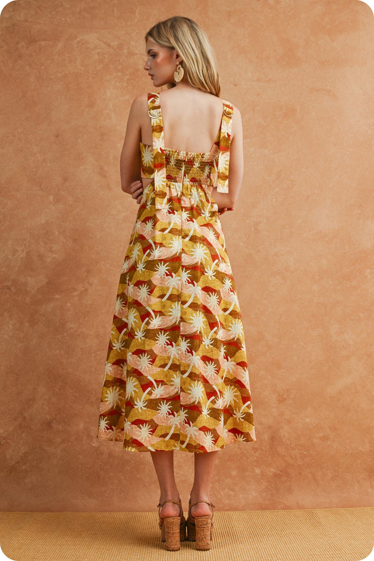 SUNBURST GEO PALM PRINT CUTOUT MIDI DRESS