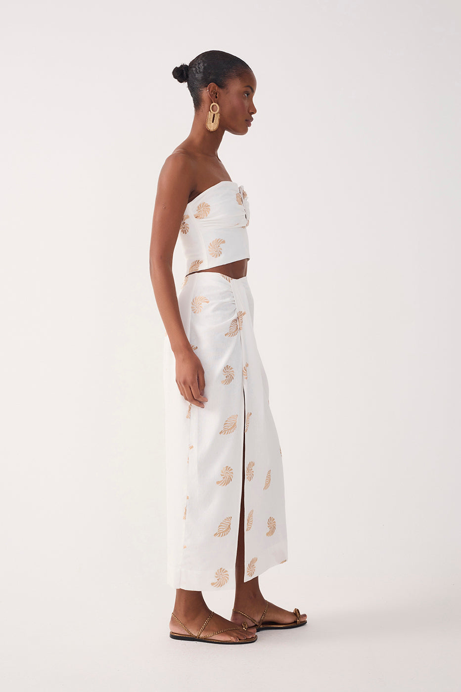 OFF-WHITE SHELL EMBROIDERED DRAPED LINEN MAXI SKIRT