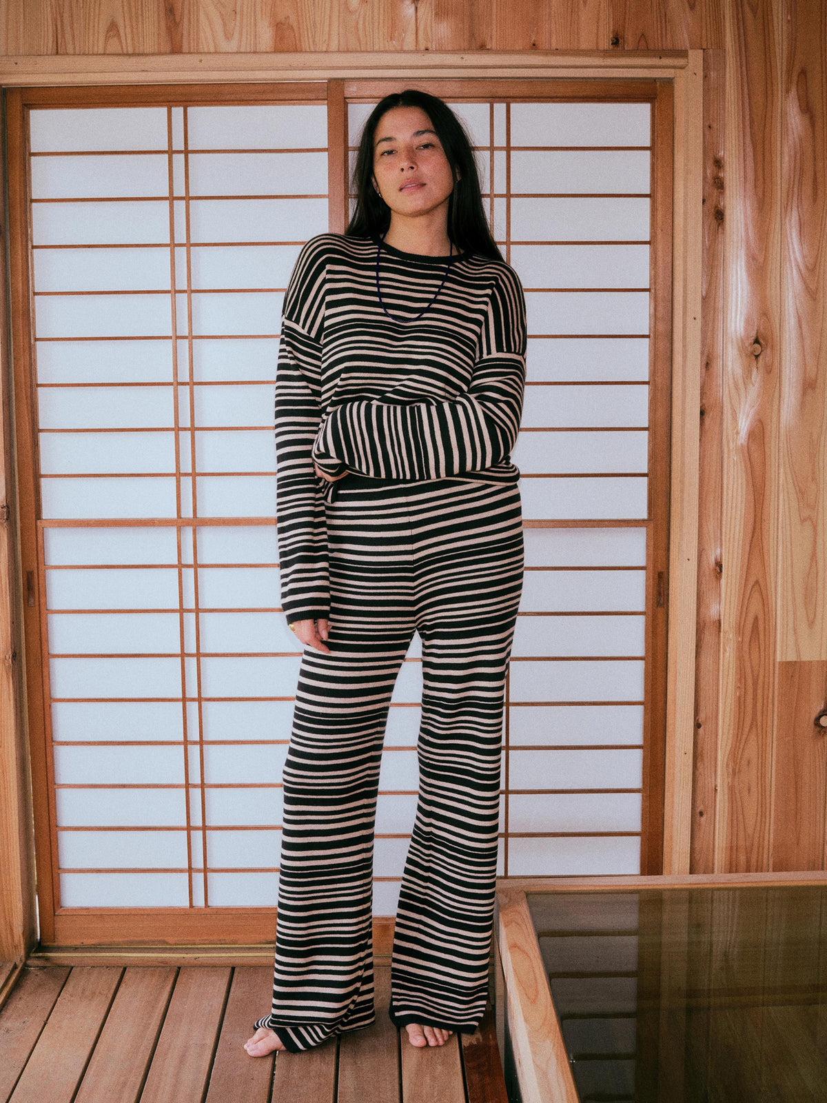 Cotton Cashmere Sweater Pant - Coastal Coal Stripe