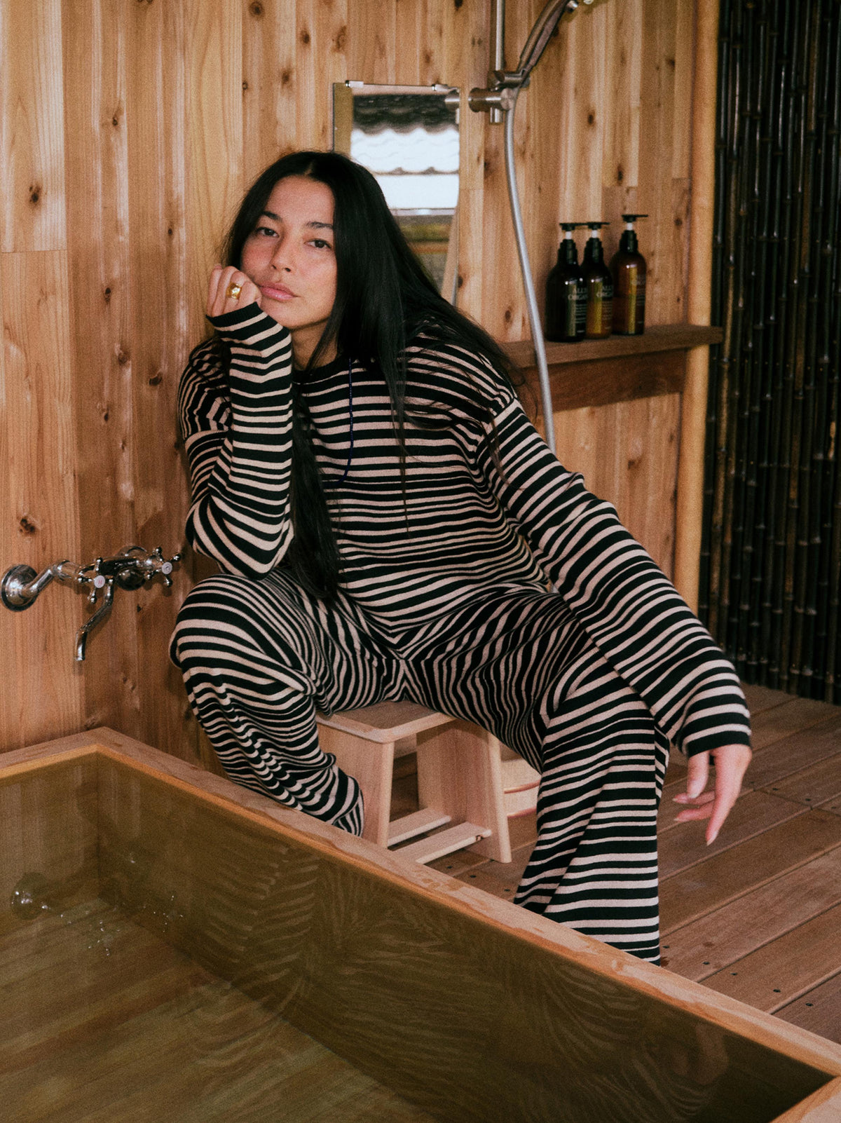 Cotton Cashmere Crew - Coastal Coal Stripe