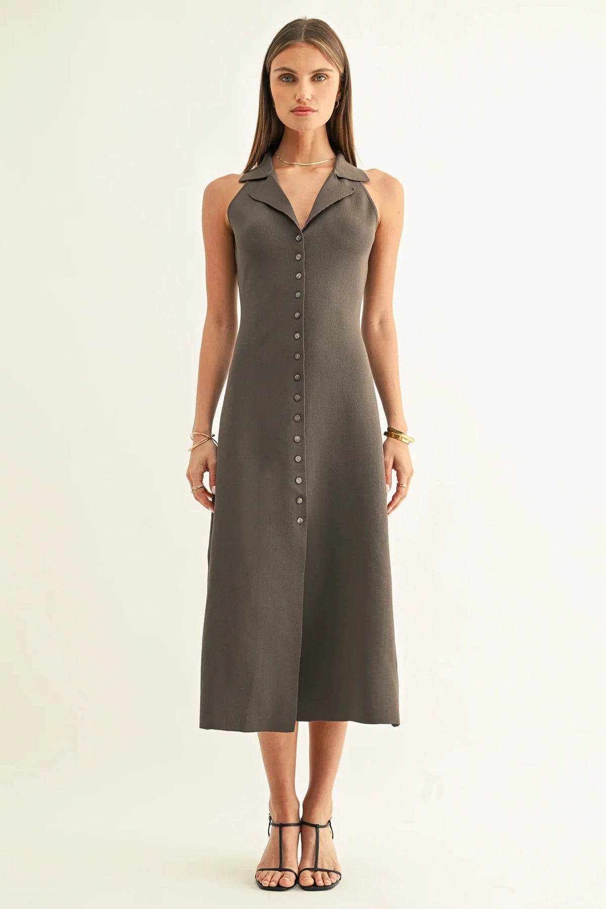 LILY HALTER SHIRT MIDI KNIT DRESS