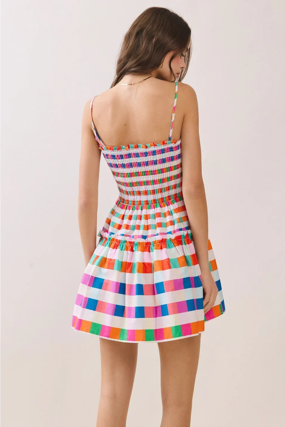 MULTI COLOR CHECKERED SMOCKED BODICE MINI DRESS