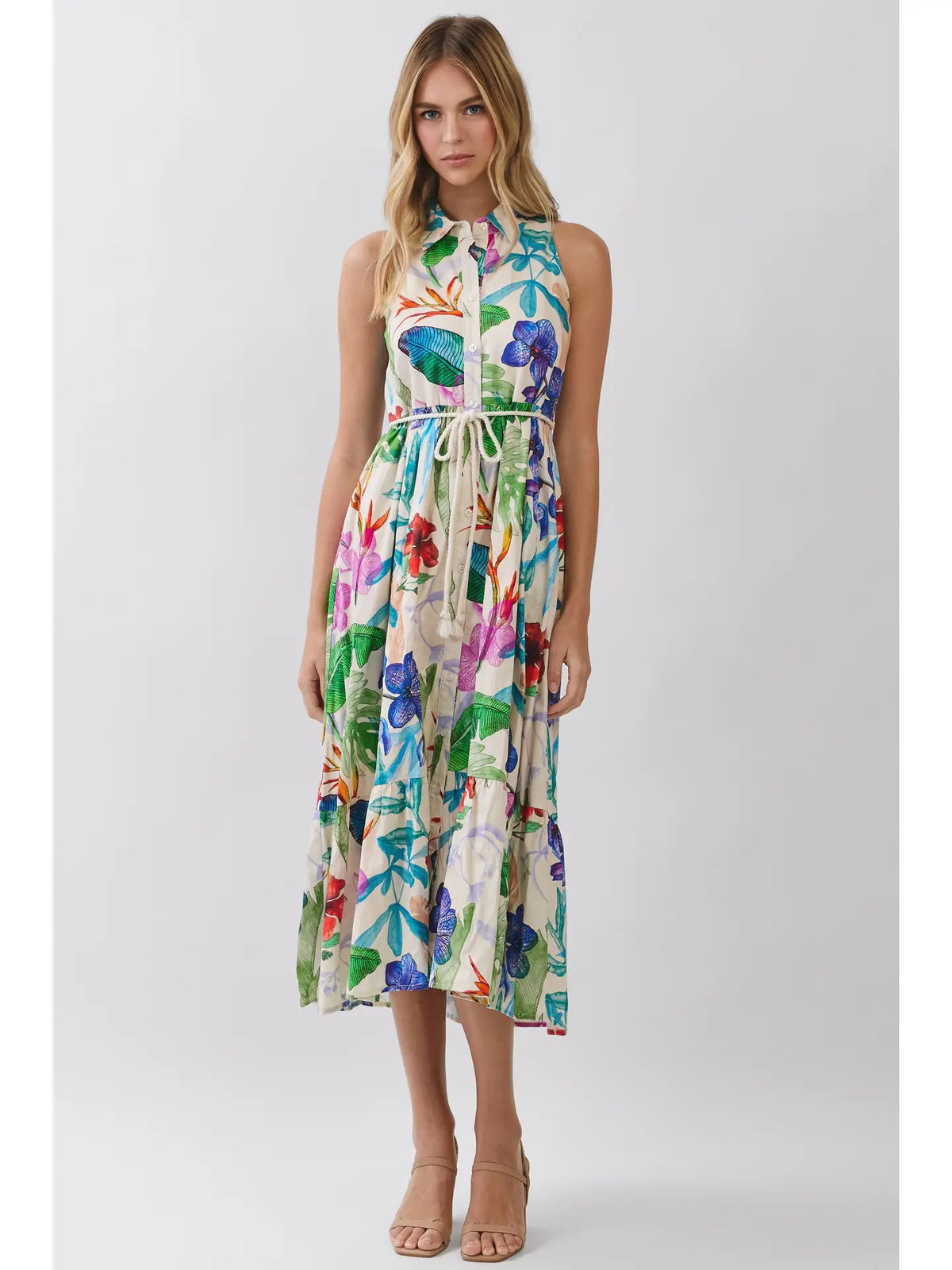 TROPICAL FLORAL SLEEVELESS BUTTON DOWN MIDI DRESS