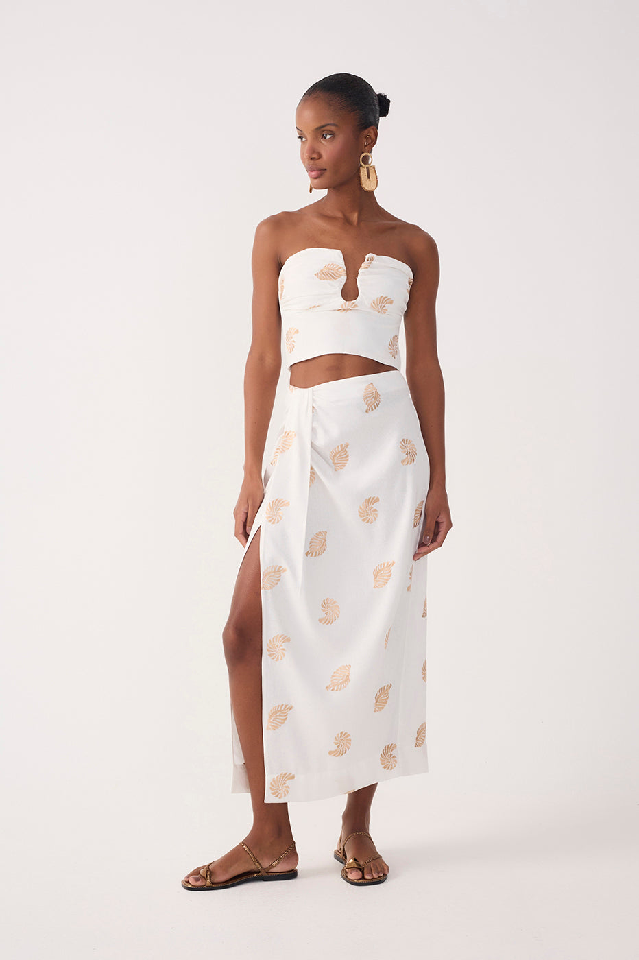 OFF-WHITE SHELL EMBROIDERED DRAPED LINEN MAXI SKIRT