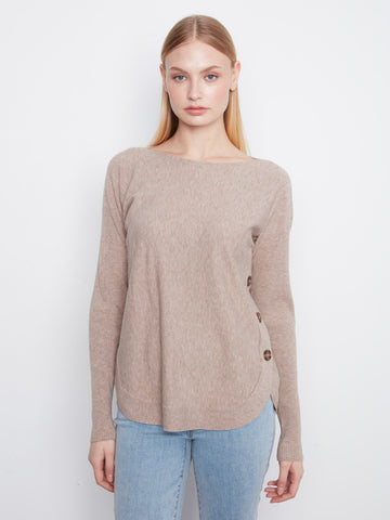 Boat Neck Sweater With Side Buttons - Heather Taupe