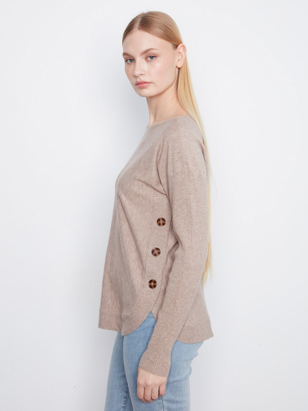 Boat Neck Sweater With Side Buttons - Heather Taupe