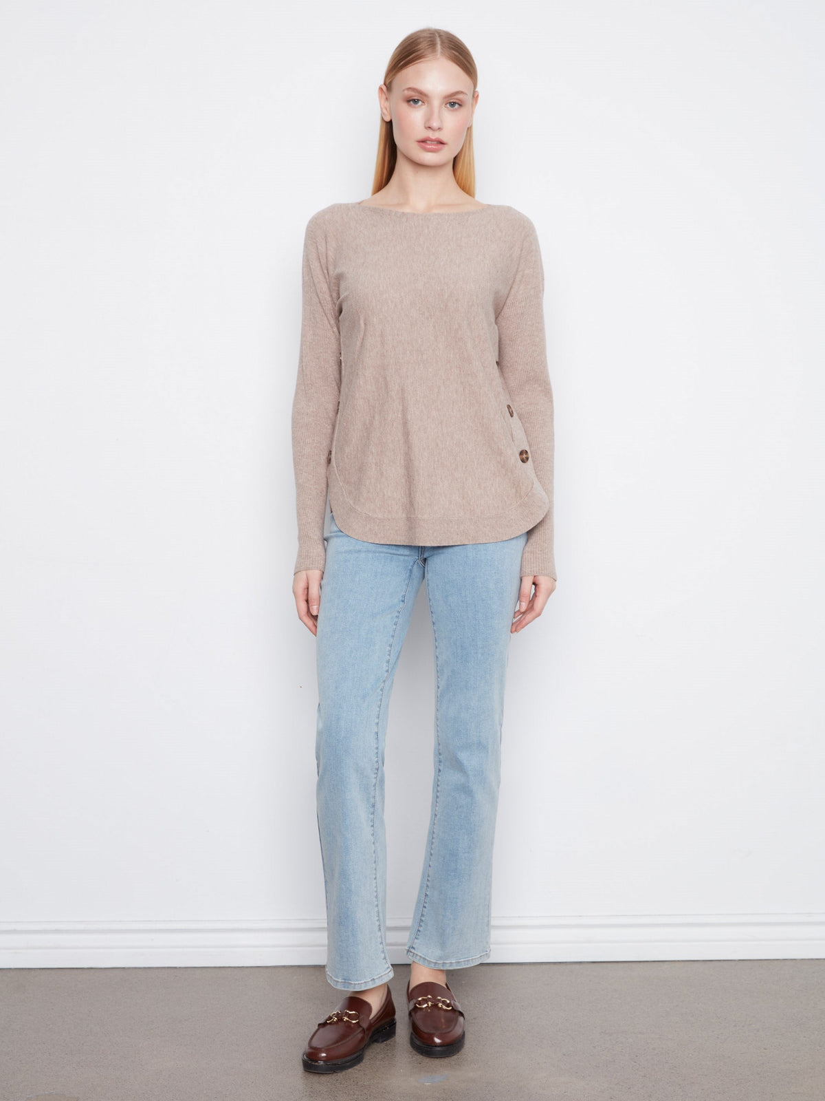 Boat Neck Sweater With Side Buttons - Heather Taupe