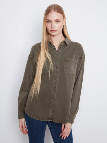 Button-Front Twill Overshirt - Moss