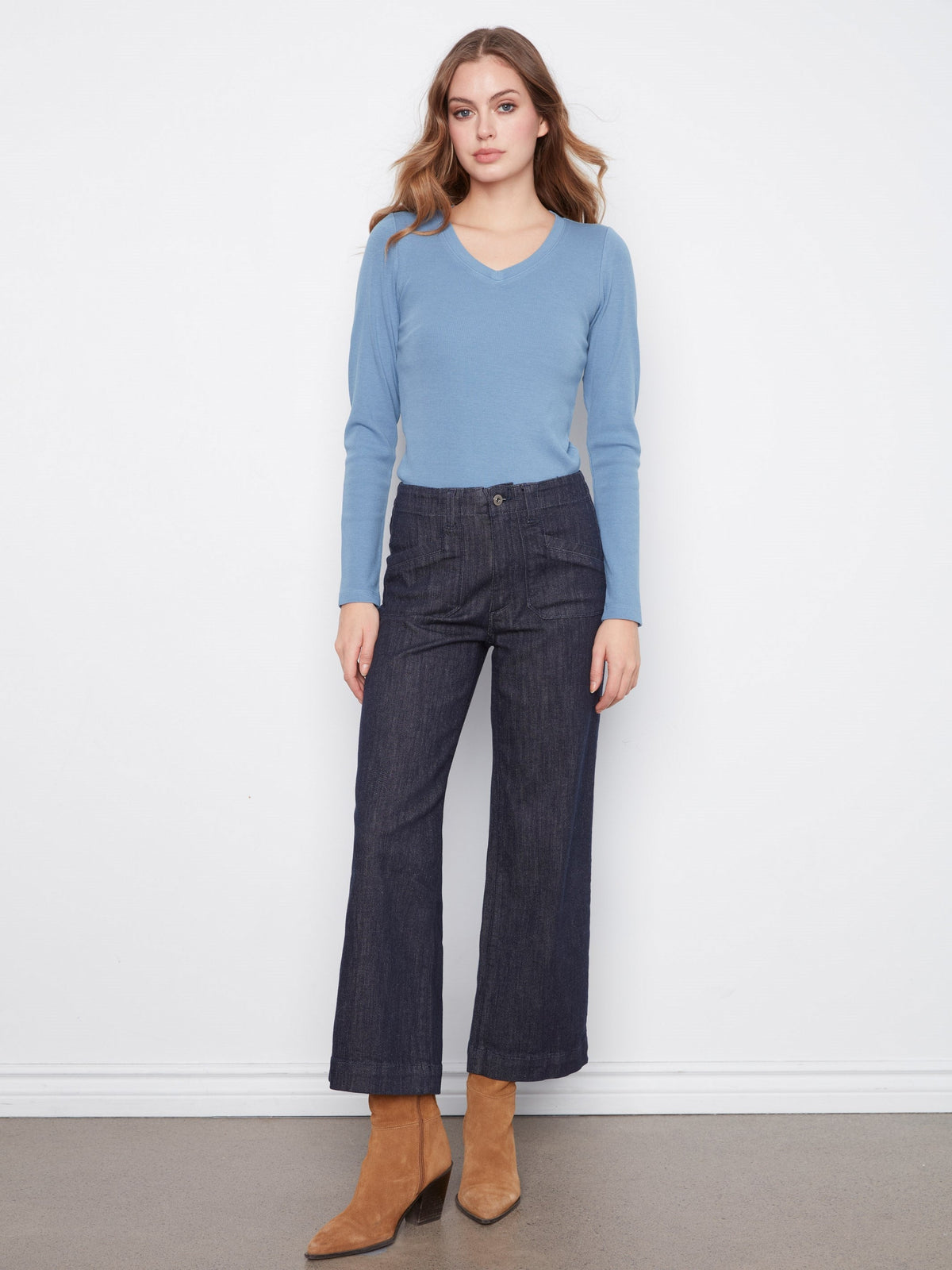 Cropped Wide Leg Stretch Jeans - Deep Blue